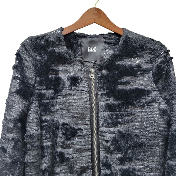 BDB Buffalo David Bitton Womens Medium Black Faux Fur Sequin Jacket Collarless - Picture 6 of 8